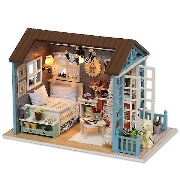 Håndlavet træ DIY hytte, LED samlet modelhus legetøj* @bugu