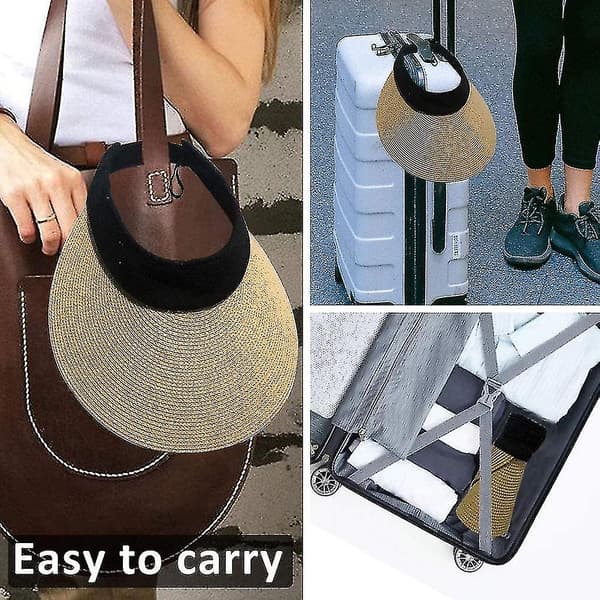 Kvinners Solhatt Halm Sol Visor Hat Bred Brede Brede Sommer Uv Beskyttelse Strand Cap Foldable Packale（brun）