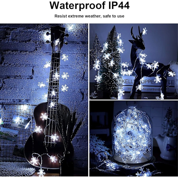 Snøfnugg 50 LED 23 fot 8 moduser Vanntett solcellelyssnor for utendørs ferie juletre festdekorasjoner (hvit)