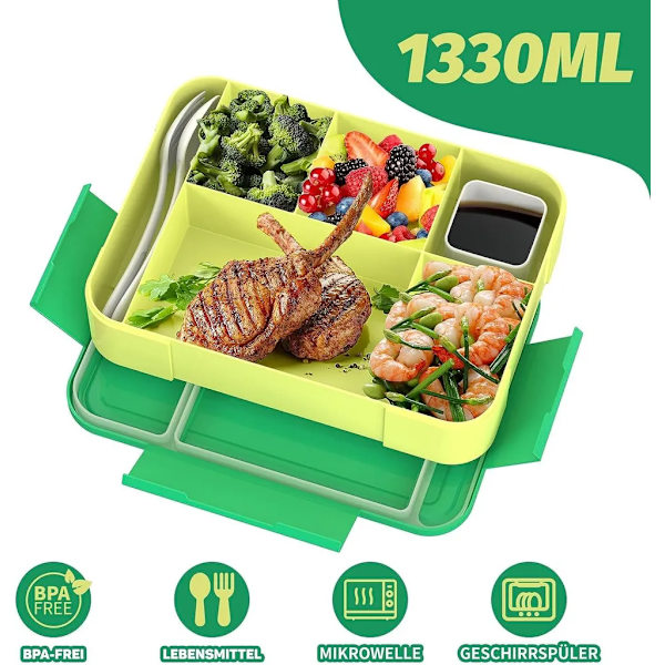 Lounasrasia, lasten lounasrasia, lounasrasia - 1300ML BPA-vapaa bento-rasia 5 osastolla, aterimilla