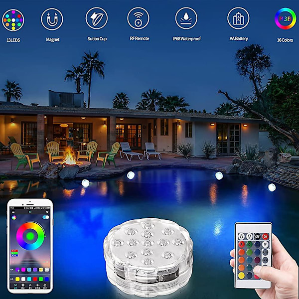 Led-lamput lammelle 13 lediä 2-pakkaus upotettavat valot sovelluksella ja kaukosäätimellä uintiin