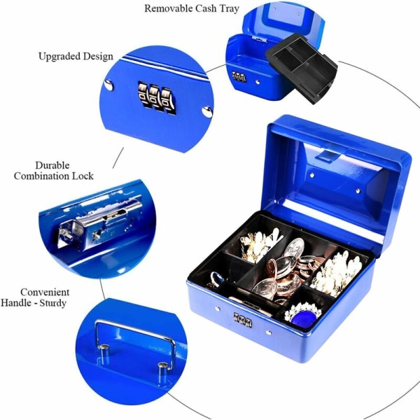 Lille pengekasse med kombinationslås - robust metalkasse med pengebakke, 15 × 12 × 8 cm (blå, lille)