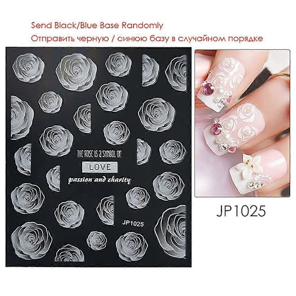 Blommor Nagelsticker Dekaler 4 Ark 5D Nagelkonstmaterial Präglade Nagelsmycken Gradviss Förändring Vita Blommor Fjäril Design för Kvinnor och