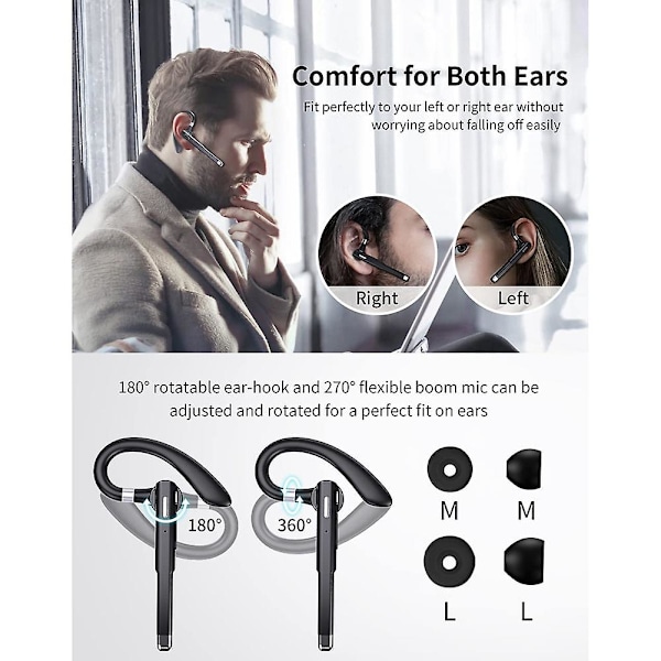 Trådlöst Bluetooth-headset Hands Free Single Ear Hörlurar Brusreducerande Mikrofon för Kontor/D（Svart）