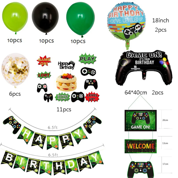 Festspillutstyr for videospill, Happy Birthday Gaming Banner og 2 stk Game on Controller aluminiumsfolie ballonger festdekorasjoner for barn gutter fest