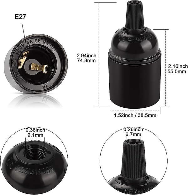 E27 Svart Sokkel, Retro Pendellampe, Solid Bakelitt Adapter Lampeskjermholder, Perfekt