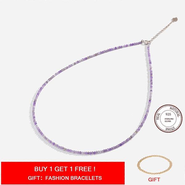 Halsband med natursten Spinell/Lapis Lazuli/ ite/Ametist/Turmalin/Ametist Kedja 2MM Silver 925 Smycken för Collier Femme（Fluorit，40-43cm）