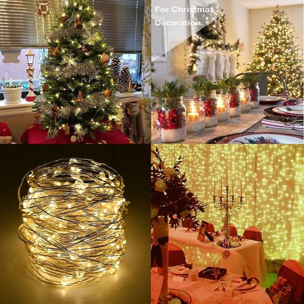 2 x 50Leds batteridrevne fe-lys 5 meter mikro sølvkabel 3AA vanntett med 8 program fjernkontroll (varm hvit)