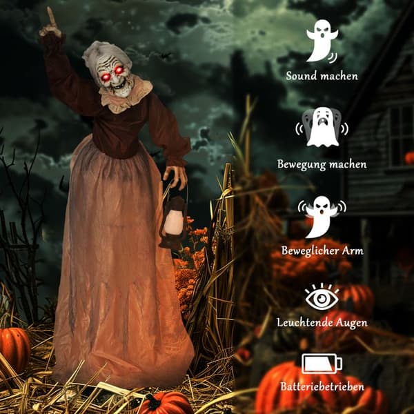 YWJ 150 cm Halloween Heksedekorasjon med LED-lys, lydfunksjon, justerbare armer og hode