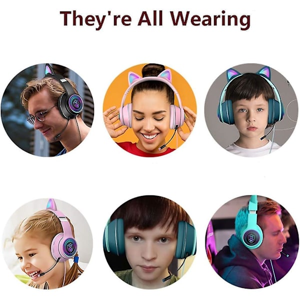 Kattöron Gaming Headset med Mikrofon Blinkande Lysande Stereo Headset-Marinblå