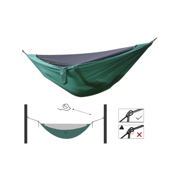 Campinghängmatta med myggnät och presenning, tältpresenning utomhus, vandring, vandring med 2 ringbandage, 2 karbinhakar svarta