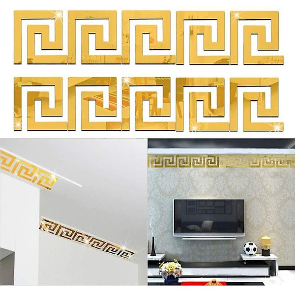 10 st spegel väggklistermärken avtagbara självhäftande akrylplattor dekaler konst DIY dekor kontor hem väggfot linje tapetkanter golvlister (guld)