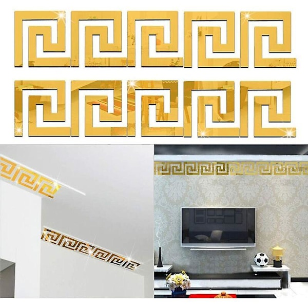 10 stk. spejl vægklistermærke aftagelige selvklæbende akryl fliser klistermærker kunst diy dekoration kontor hjem væg fod linje tapet kanter fodliste linje (guld)