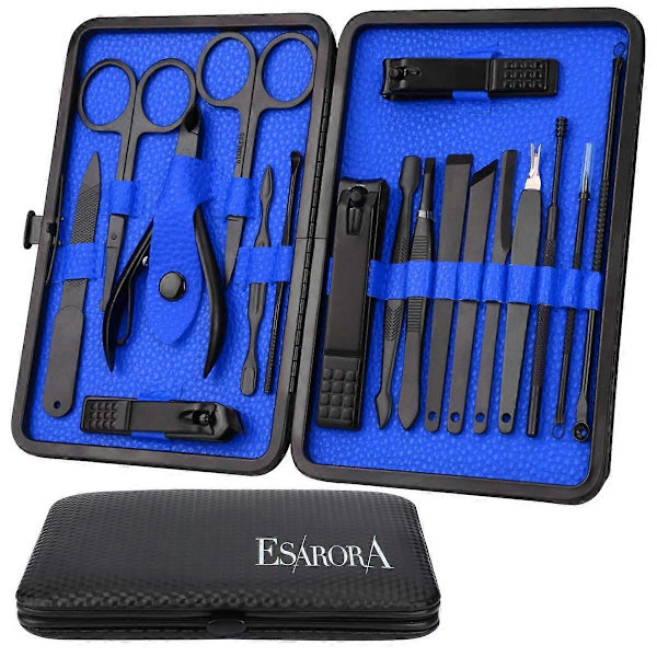 Manikyrset, 18 i 1 Rostfritt Stål Professionellt Pedikyrset Nagelsaxar Grooming Kit med Svart Läder Reseväska Blå -