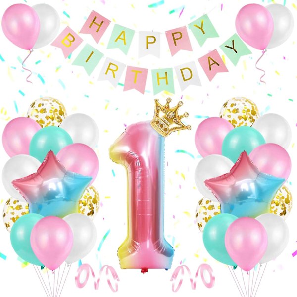 Dekorationer för 1-årsdag - Regnbågsgradient Helium Ballong Nummer 1, Latexballonger