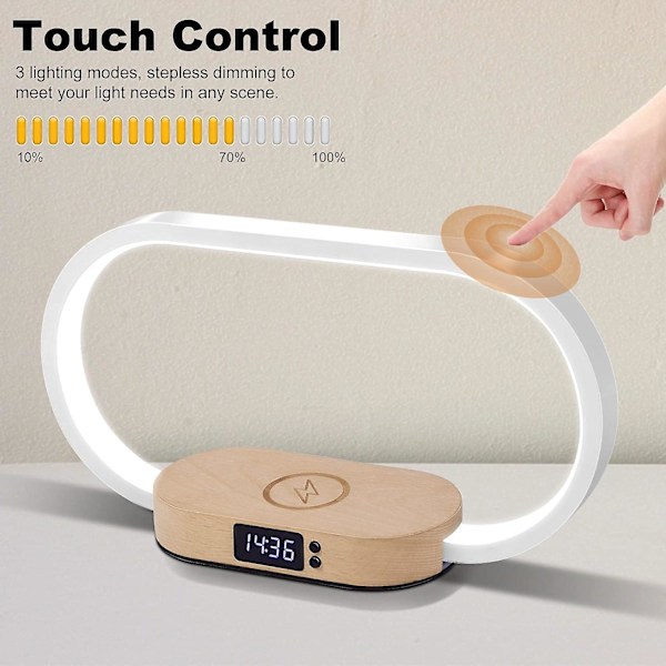 Nattbordslampe med trådløs lader, skrivebordslampe med USB-port, soveromslampe med klokke, nattbordlampe, dimbar 3 fargemoduser, hvit