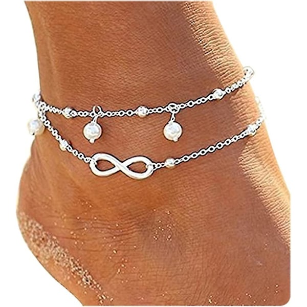 Katea fotlänk armband, 8-formad fotlänk, dubbelkedjiga fotlänkar, oändlighet evig kärlekssymbol strand fotlänk armband, justerbar barfota S