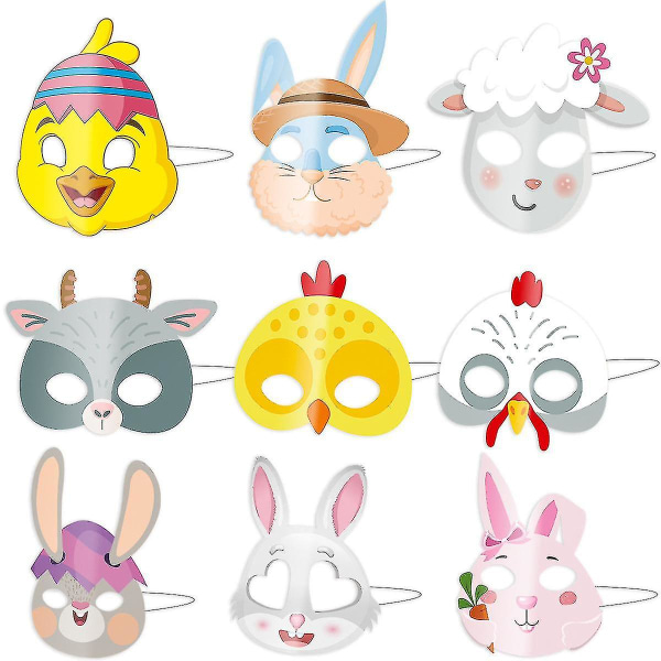 Festdekorationer Set med 9 Ansiktsmasker av papper för barn - Maskeradmasker, Purimmasker, Halloweenmasker, Kostymfestfavoriter | Farm Jungle Zoo-anima