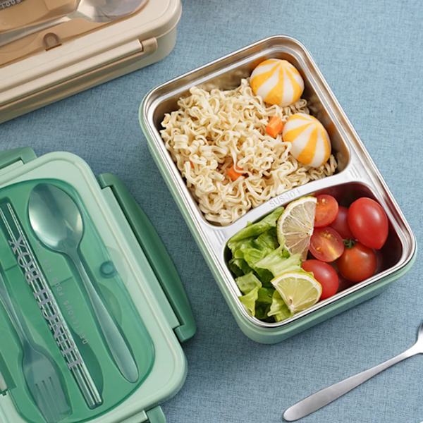 Bärbar lunchlåda 304 rostfritt stål läckagesäker mikrovågsugn uppvärmning avdelare låda med sked och ätpinnar