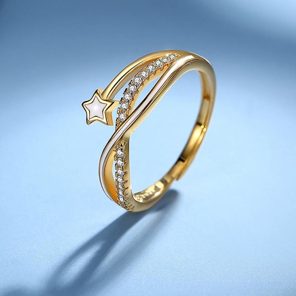 (Guld) 925 Silver Girl Ring Dam Shooting Star Signet Ring Set med Zirconia Justerbar storlek Födelsedagsjulklapp
