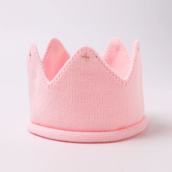 Baby fødselsdagskrone Hovedbånd Hat Krone Strik Hat Hovedbeklædning Fest Hatte Baby Dåb Dekoration（Rosa）