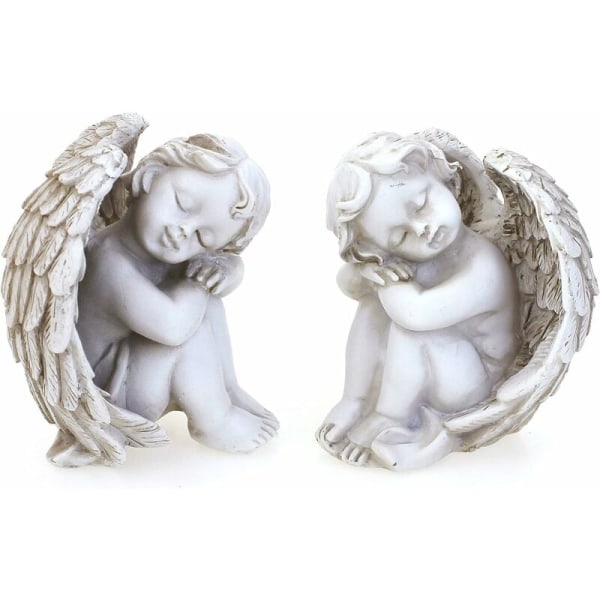 Dekorativ sovende englefigur, sæt af 2, hver 8 cm antik hvid polystone, smuk siddende skytsengelfigur, drømmende engel - DKSFJKL