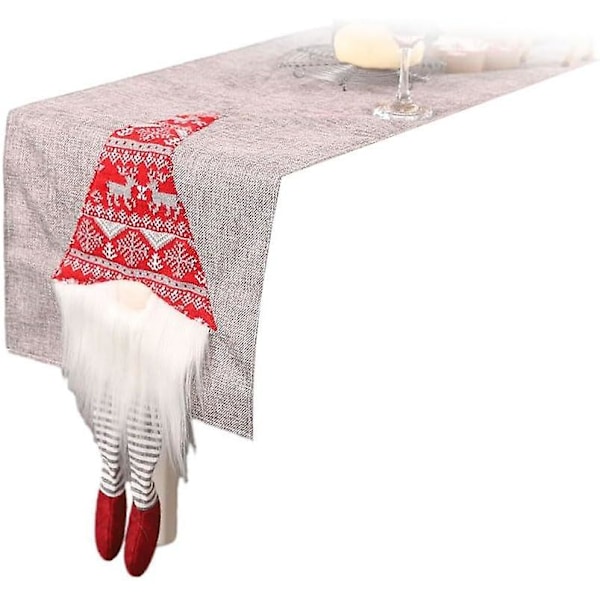 Rektangulär Bordslöpare i Linne Jul Tomte Dvärg Mönster Grå 33x180cm-b