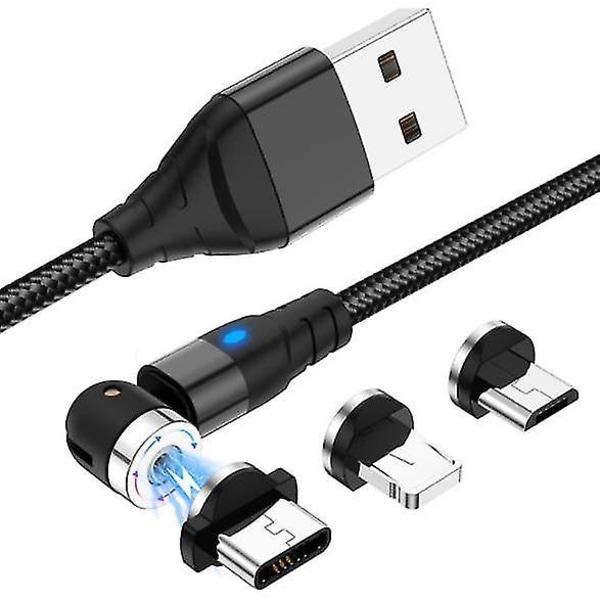 Magnetisk kabel, 3 i 1 l formad nylon USB snabbladdning och datasynkroniseringssladd med led-ljus kompatibel med mikro USB, typ C smartphone