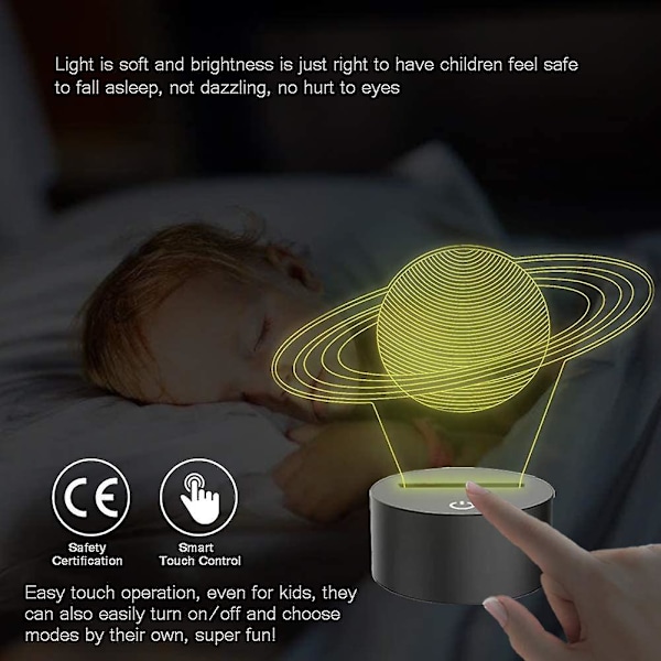 3D Saturn Ring Illusion Lamp LED Nattlampa Med 7 Färger Ändras & Touch Switch USB-Powered Sovrum Skrivbordslampa