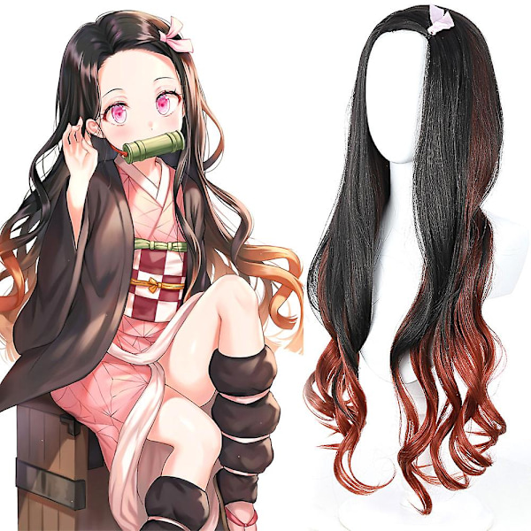 Anime Nezuko Kamado Cosplay -rekvisiitat peruukki Demon Slayer:kimetsu No Yaiba -asu Naiset Pitkä Musta Gradientti Tumma Oranssi Kiharat Peruukki