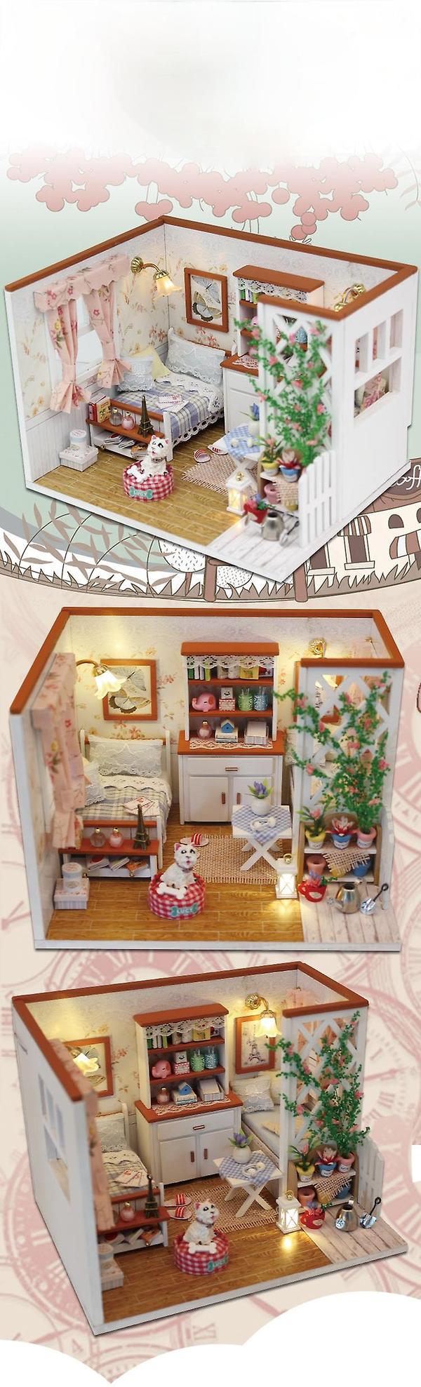DIY dukkehus miniatyr med møbler manuell montering modellhytte