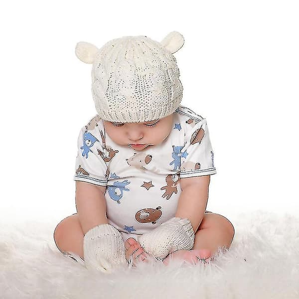 Varma Pom Pom-mössa och vantar, babyhattar och vantar set barn stickad mössa vinter（S）
