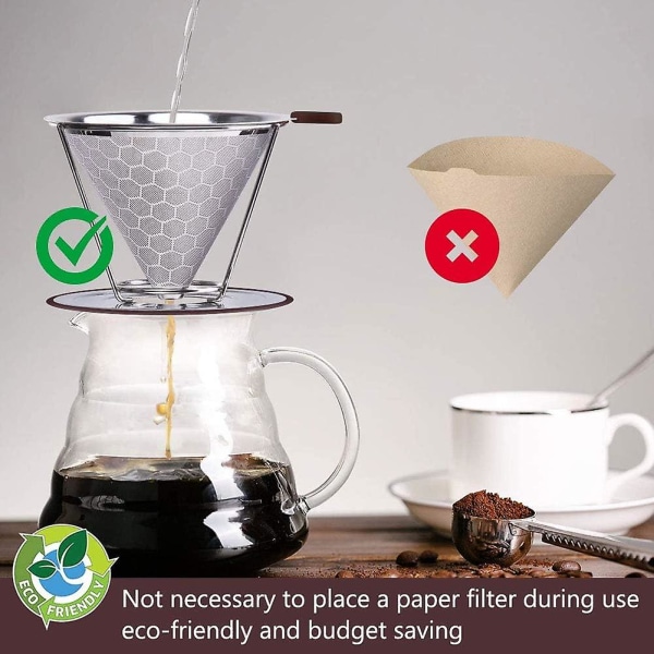 2 delar hög precision permanent kaffefilter, livsmedelskvalitet 304 rostfritt stål, återanvändbar, levereras med dubbelt rostfritt mesh och silikonhandtag