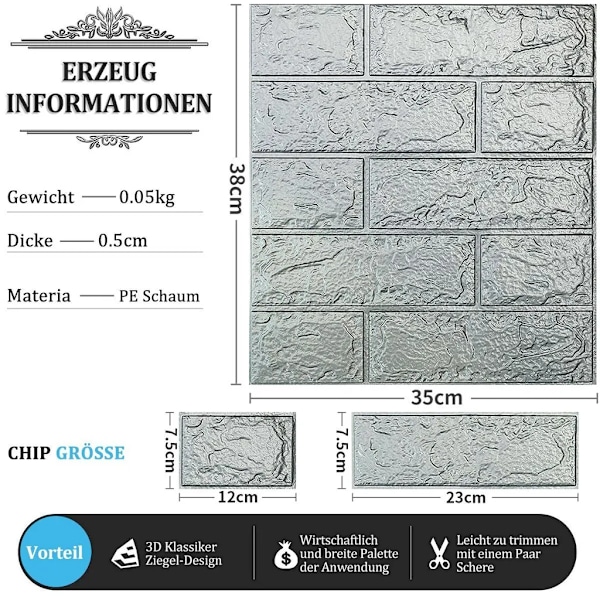 12 stk 3D veggklistremer veggpaneler selvklebende tapet, 35cm x 38.5cm vanntett tapet, steinutseende, moderne for bad og soverom