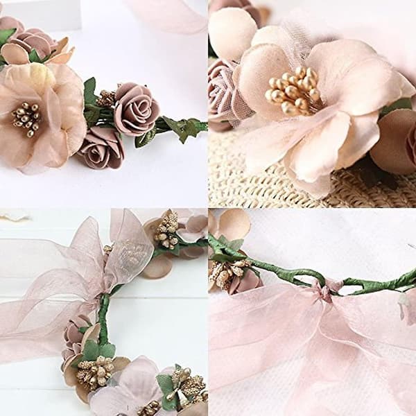 Justerbart bryllupsblomsterhodebånd med blomsterarmbånd Hårkrans Kronepynt (lys kaffe)