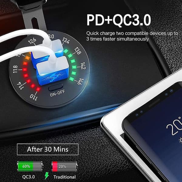 Biloplader Oplader Bil Qc3.0 Usb Type C Hurtigoplader Voltmeter Led-afbryder A