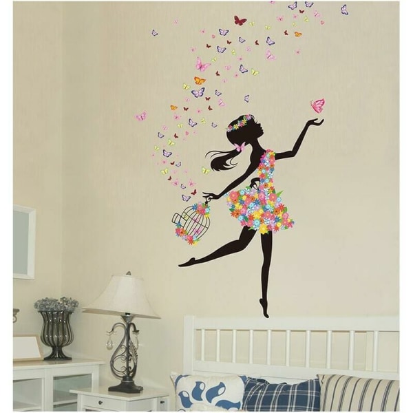 Romantisk dansande flicka Blomma Fe Fjäril Avtagbara väggdekaler Triumph Barn Baby Room Nursery Gör-det-själv dekorativa väggdekaler