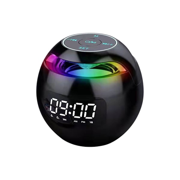 Trådlös Bluetooth-högtalare med färgglad subwoofer, LED-display, FM-radio, väckarklocka, Bluetooth Hifi-kort, MP3-musikspelare (svart)