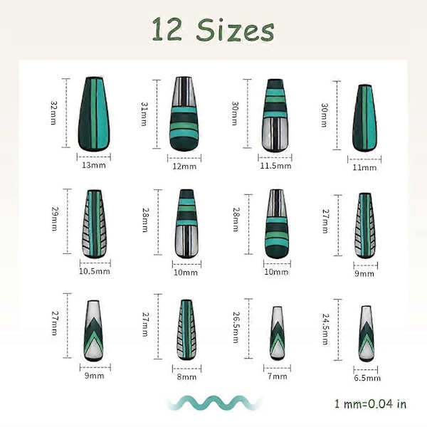 Matt Press-on Naglar Kista Clip-on Naglar med Geometrisk Design Långa Nagelkonsttips Grön Statiska Naglar för Kvinnor och Flickor. Obs: Inget lim.