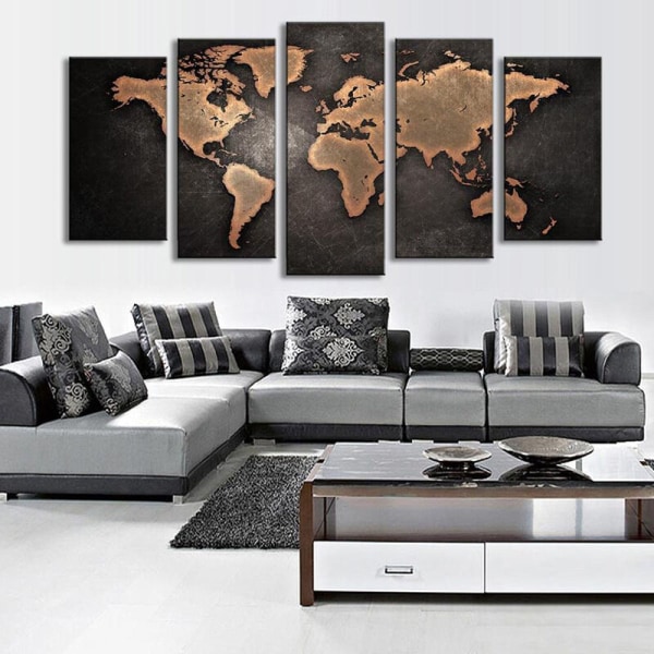 Lærredsbillede, der viser et verdenskort på en sort baggrund - moderne dekoration