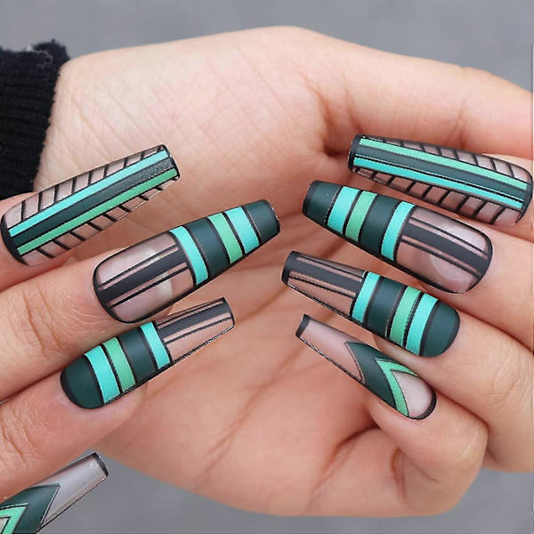 Matt Press-on Naglar Kista Clip-on Naglar med Geometrisk Design Långa Nagelkonsttips Grön Statiska Naglar för Kvinnor och Flickor. Obs: Inget lim.