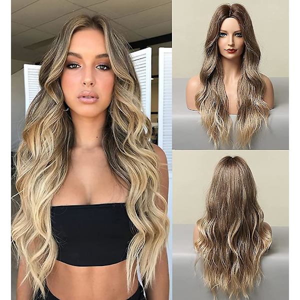 Ombre bruna perrucche per donne, capelli sintetici biondi ondulati Ombre parrucca, senza colla lunga