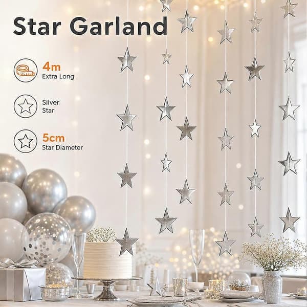 Stjernegirlander 4 m papir gullstjerne til fest juletema lettvekt 5 cm Mirror silver