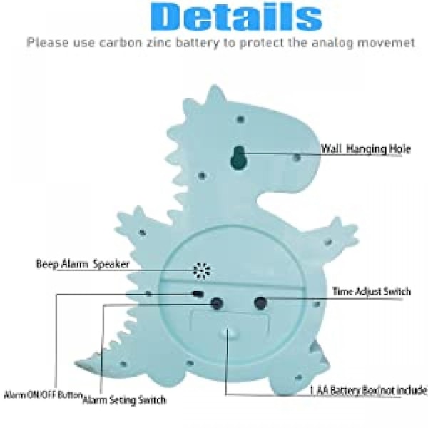 JUSTUP Barneklokke Analog Dinosaur Veggklokke Bordklokke Dinosaurer Klokke Hjem --- Blå 15x14cm