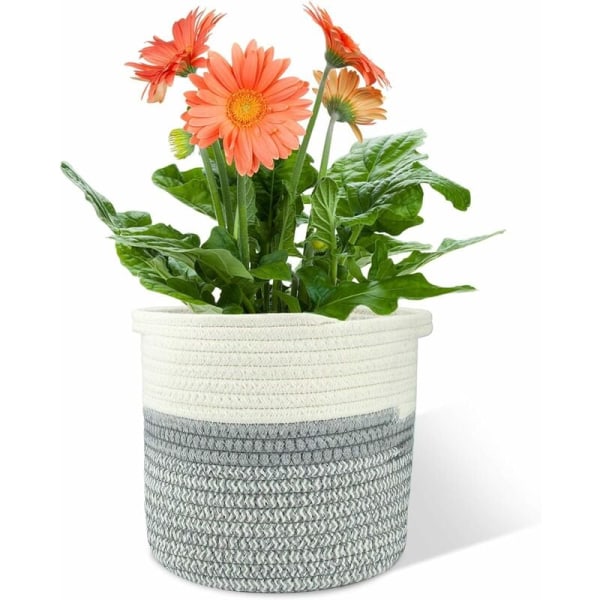 Bomullstaukurv, 20×20 cm flettede kurver Sammenleggbar med håndtak, oppbevaringskurv, plantekurv for blomsterpottestativ i bomull Home Decor Hvit + Grå