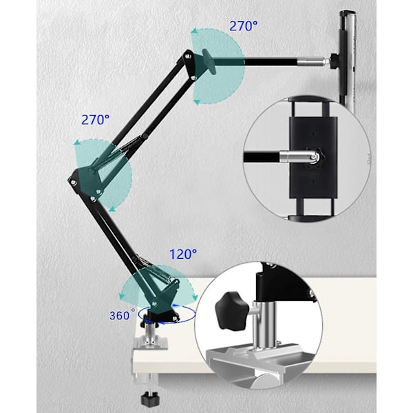 Tabletholder for seng, justerbar og sammenleggbar med 360 graders rotasjon for iPhone, iPad, mobiltelefon, nettbrett, Kindle Fire 1,85\"-12,8\" (utvidet arm)