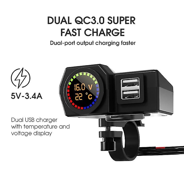 Motorsykkel Lader Moto Styre Lader 3.4a Dual Usb Lader Adapter Med Temperatur Og Spenning Display For 12v-24v Motorsykkel
