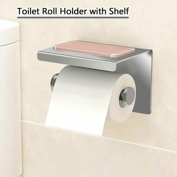Selvklæbende vægmonteret toiletpapirholder, sølv rustfrit stål toiletpapirholder til toiletpapirdispenser med hylde
