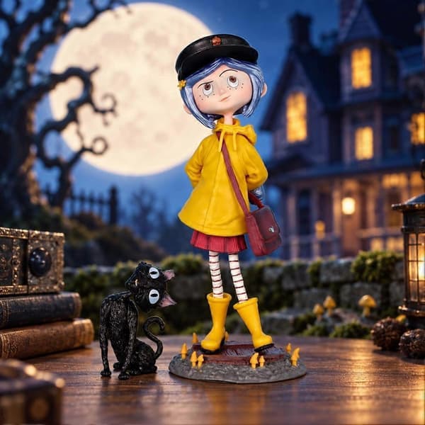 Halloween Coraline-figur med svart katt-staty för samlarhyllan