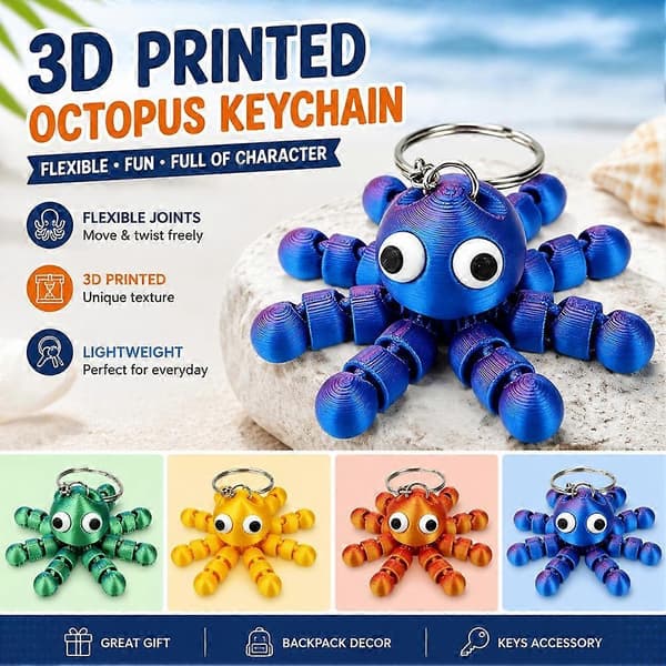 3D-printet blæksprutte-nøglering - Fleksibel, sød, PLA, 5,66 cm Blue